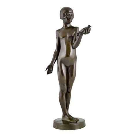 Art Deco Bronze Sculpture Nude Girl With Dove By Henry Arnold France 1928 For Sale At 1stDibs