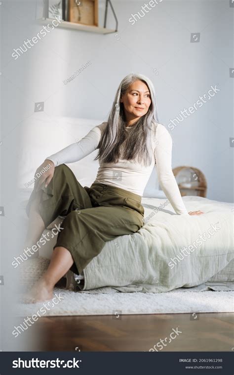 Mature Asian Woman Grey Hair Sitting Stock Photo Shutterstock