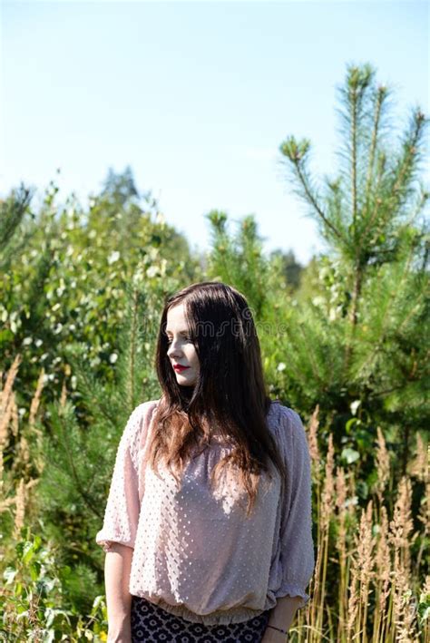 Russian Brunette Woman On The Nature Stock Photo Image Of Blonde Lips