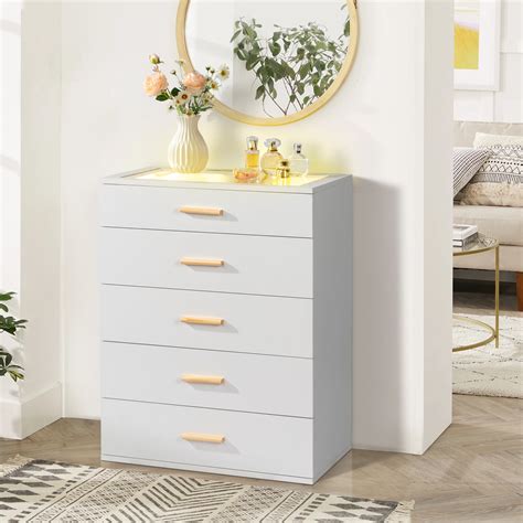 Ktaxon LED Illuminated 5-Drawer Dresser, White with Tempered Glass Top ...