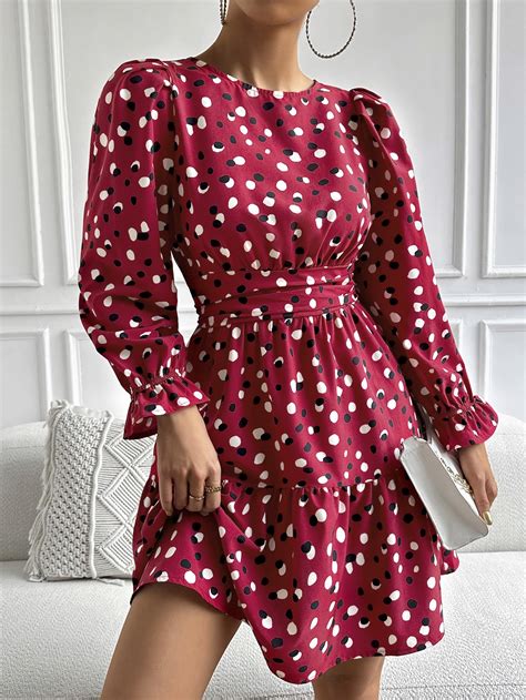 Shein Vcay All Over Print Flounce Sleeve Ruffle Hem Dress Shein Usa