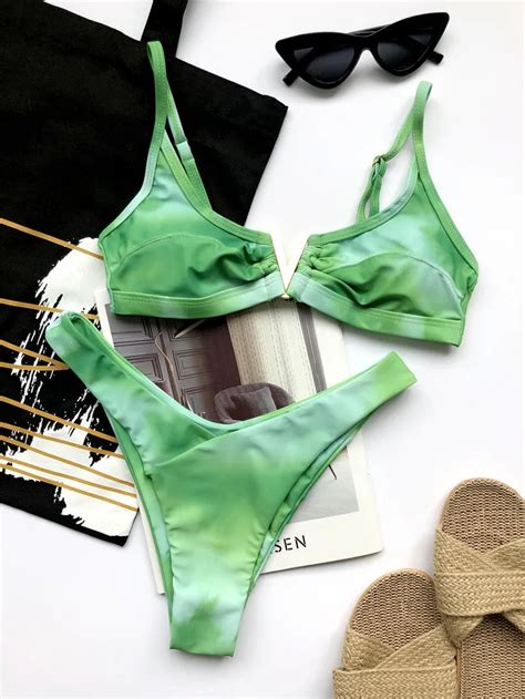 Swimsuit Women Bikini Mujer Tie Dye High Cut V Neck Bandage Two Pieces Swimwear Bikini Push