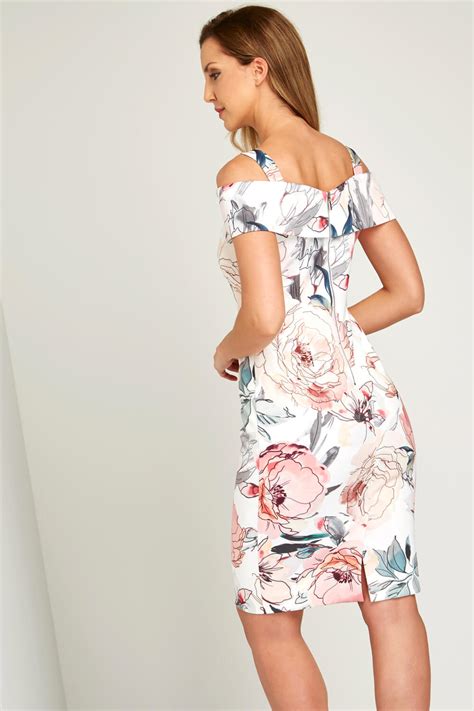 Floral Print Cold Shoulder Dress In Pink Roman Originals Uk