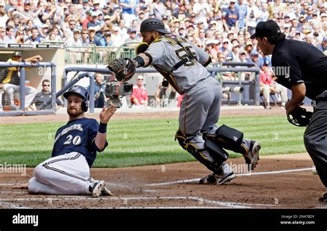 Milwaukee Brewers Jonathan Lucroy 20 Slides Safely Past Pittsburgh