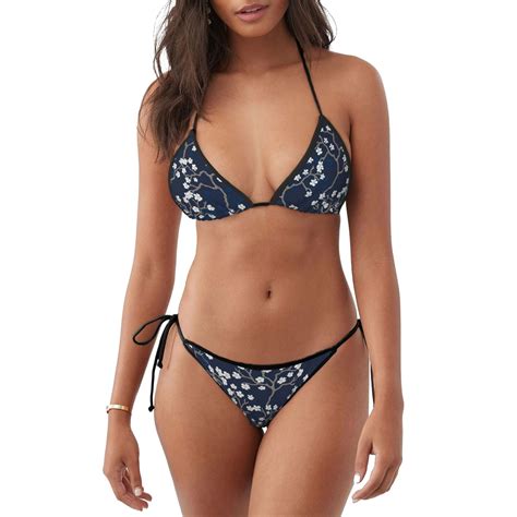 Defioc Cherry Blossoms On Navy Background Pattern Sexy Bikini Set For Women Two Piece Swimsuit V