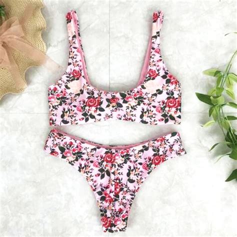 Sexy Cute Pink Floral Print Vest Type Two Side Wear Knot Two Piece Bikini On Luulla