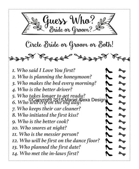 Guess Who Bride Or Groom Bridal Shower Game Instant Download Fun Unique