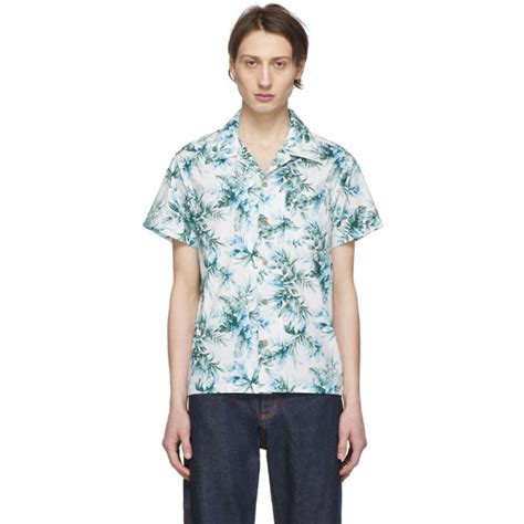 Naked And Famous Denim White And Green Big Tropical Aloha Shirt Naked And Famous Denim