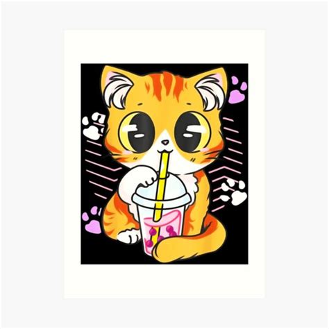 Cute Kawaii Cat Boba Bubble Milk Tea Anime Neko Kitten Art Print For