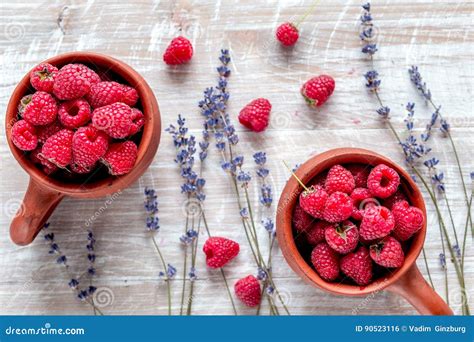Fresh Raspberry And Dry Lavander In Rustic Design Wooden Background Top