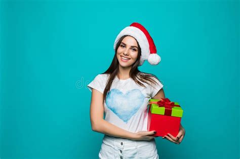 Christmas Woman With Gift Box Beautiful Brunette Girl In Santa Hat On