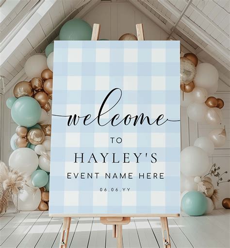 blue gingham  sign boy baby shower pale blue check  sign