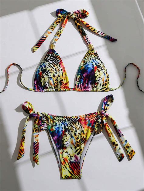 Swim Vcay Springbreak Pcs Women Sexy Leopard Print Random Floral Pattern Halter Tie Bikini Set