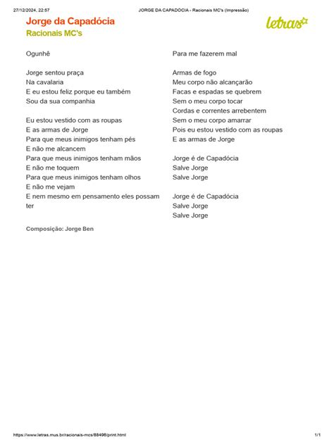 Letra De Racionais Mc's Jorge Da Capadócia