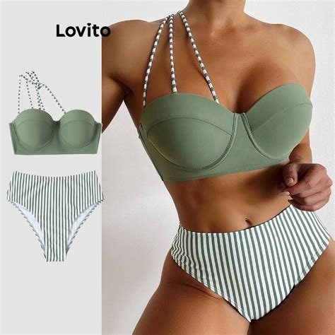 Lovito Women Boho Striped Asymmetrical Fabric Stitching Push Up Bikini Sets LBL Shopee