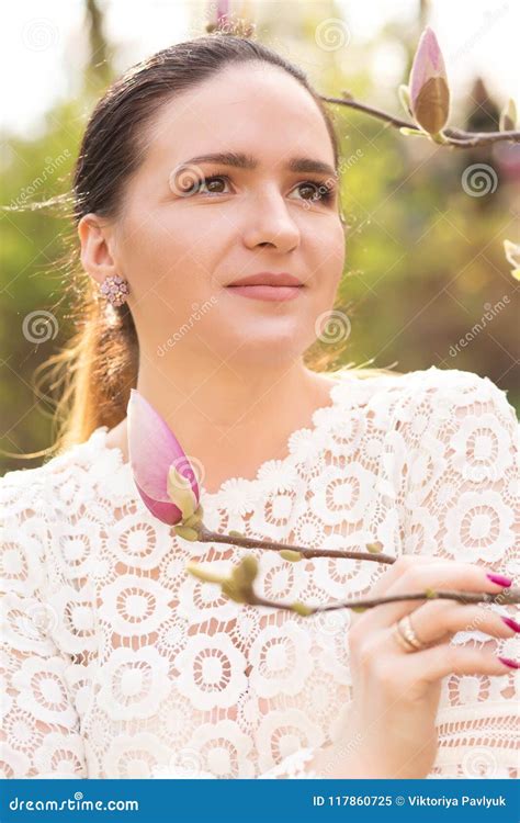 Closeup Portrait Of Tender Brunette Girl With Nude Makeup Posing Stock Image Image Of Park