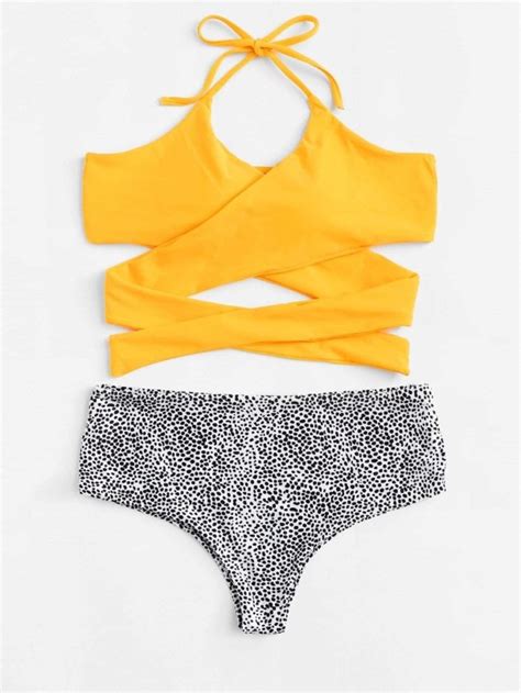 Plus Wrap Halter Top With Dot Print Bikini Set