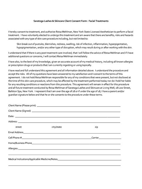 Fillable Online Saratoga Lashes Skincare Client Consent Form Facial