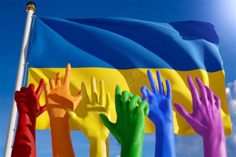 Rainbow Colored Hands From Lgbt Community Over Flag Of Ukraine Ukrainian Gay Parade Concept Of