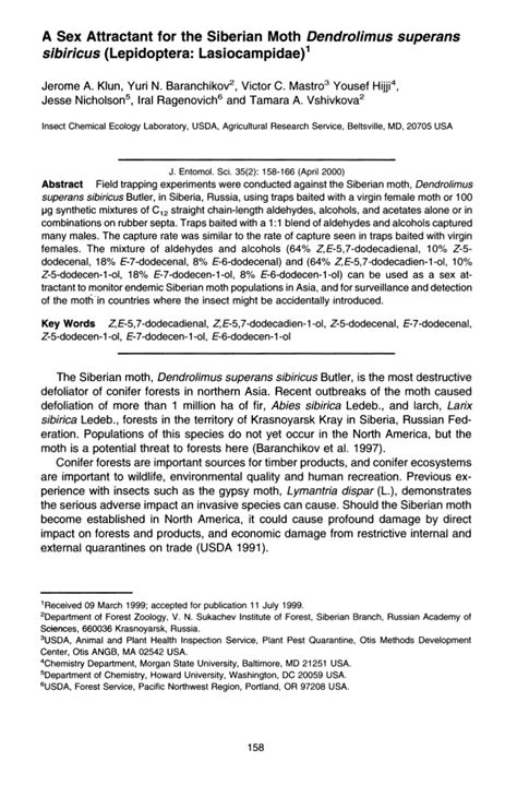 PDF A Sex Attractant For The Siberian Moth Dendrolimus Superans Sibiricus Lepidoptera