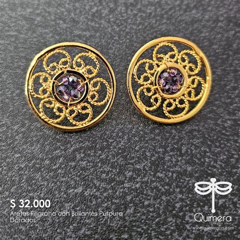 Aretes Filigrana Con Brillantes Púrpura Quimera El Regalo Ideal