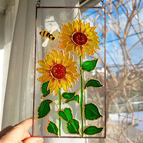 Sunflowers Stained Glass Window Hanging Hand Painting Sunflowers Sun