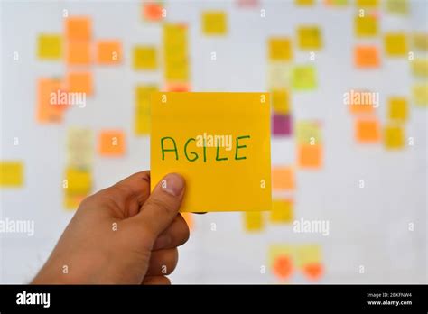A Hand Is Holding A Yellow Agile Sticker And There Is A Kanban Board Of