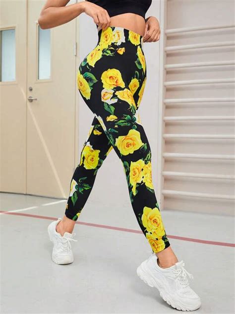 Floral Print Wideband Waist Sports Leggings Shein Usa