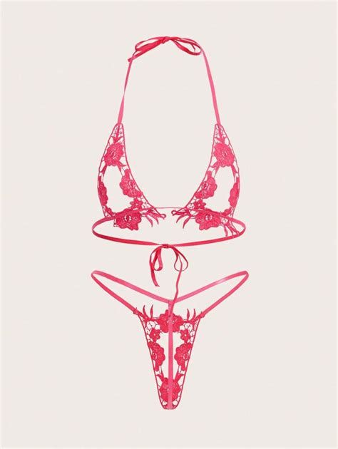 Floral Embroidery Mesh Halter Lingerie Set Shein Usa
