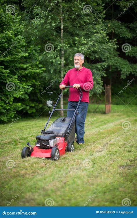 Senior Man Mowing The Lawn Stock Image Image Of English 85904959