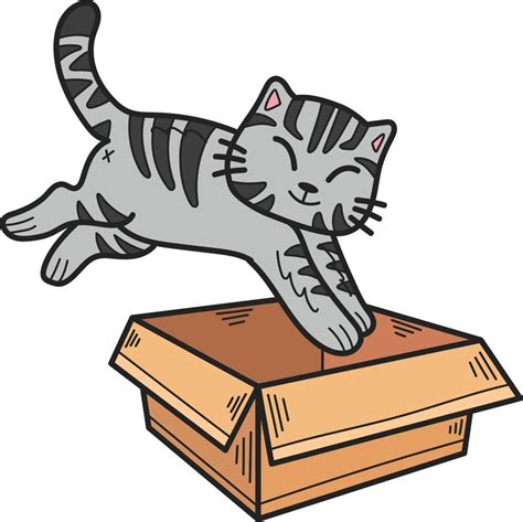 Hand Drawn Striped Cat Jumped Into The Box Illustration In Doodle Style