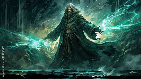 powerful wizard conjuring mystical energy ancient sorcerer wielding