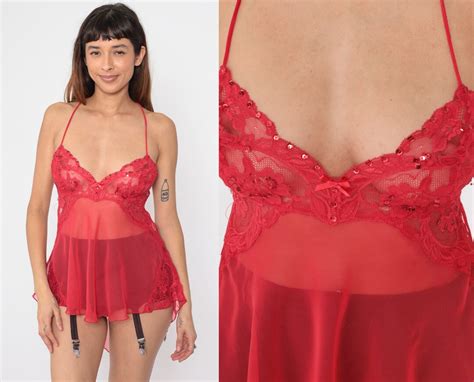 Sheer Red Lace Cami 90s Chiffon Lingerie Top Sequin Camisole Criss Cross Open Back Sexy Vintage