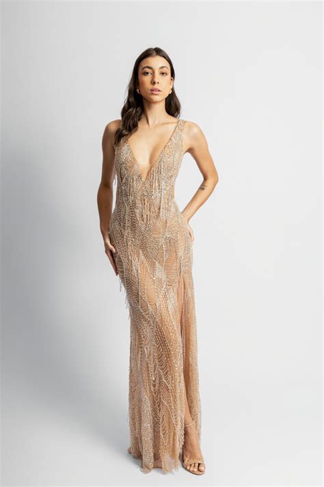 Vestido Longo De Festa Fabiana Milazzo Bordado Nude Rehabita Brech