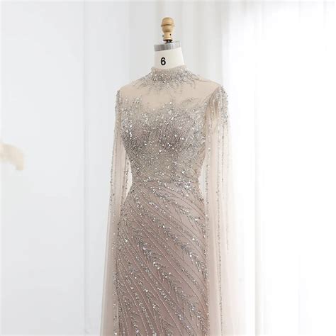 Luxury Beaded Mermaid Nude Pink Evening Dress With Cape Sleeve