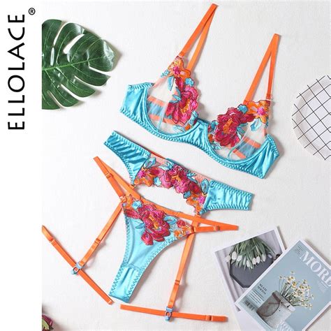 Ellolace Floral Erotic Lingerie Set Woman Pieces Transparent Lace Blue Sexy Underwear Fancy
