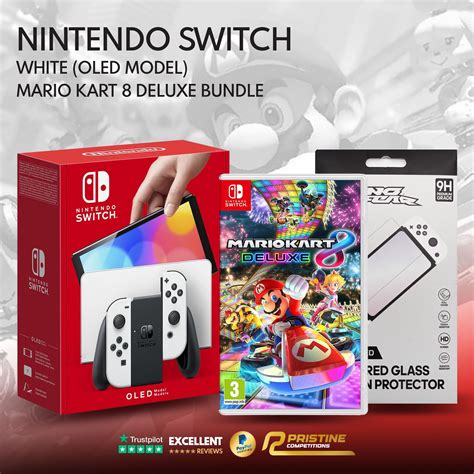 Mario Kart 8 Deluxe + Nintendo Switch – White (OLED Model) + No Fear Switch OLED Screen
