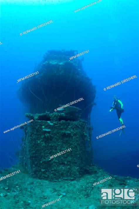 Bridge Of USS Saratoga And Diver Bikini Atoll Micronesia Pacific Ocean Marshall Islands