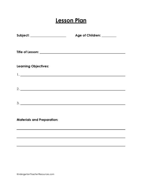 kindergarten lesson plan template word  editable