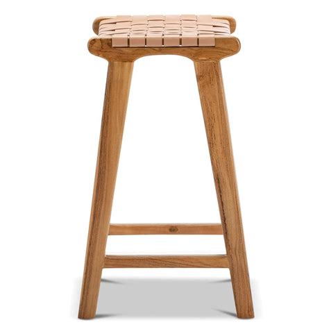 Casey Woven Leather Teak Timber Saddle Counter Stool Nude Natural