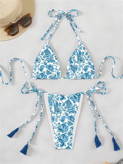 Women S Summer Beach Floral Printed Halter Neck Tie Sexy Bikini Set Shein Usa