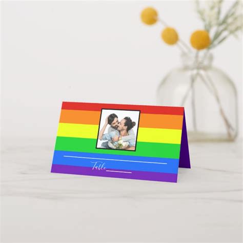 Rainbow Striped Gay Pride Couple Wedding Photo Place Card Zazzle