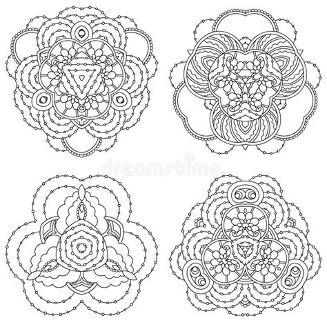 Uppsättning Av Fyra Svartvita Mandalas Vektor Illustrationer