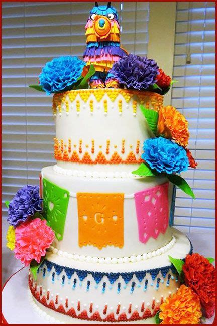 Mexican Fiesta Couple S Shower Cake With Flags Gumpaste Carnations And Fondant Piñata Topper By