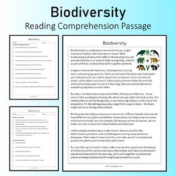 Biodiversity Reading Comprehension Passage Printable Worksheet TPT