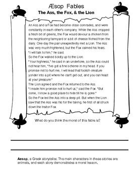 Creative Writing With Aesop Fable The Ass The Fox The Lion TpT