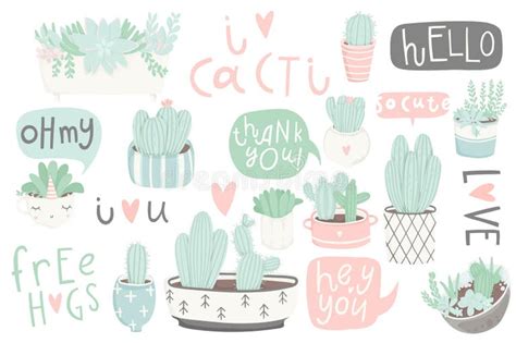 Cute Summer Sticker Set Cacti Succulents Stock Illustrations 154 Cute Summer Sticker Set Cacti