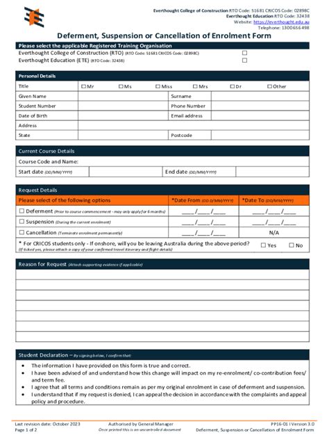 Fillable Online Deferment Suspension Or Cancellation Of Enrolment Form