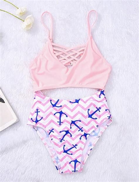 Sexy Upper Pink Chest Hollow Cross Blue Print High Waist Two Piece Bikini Two Piece Bikini