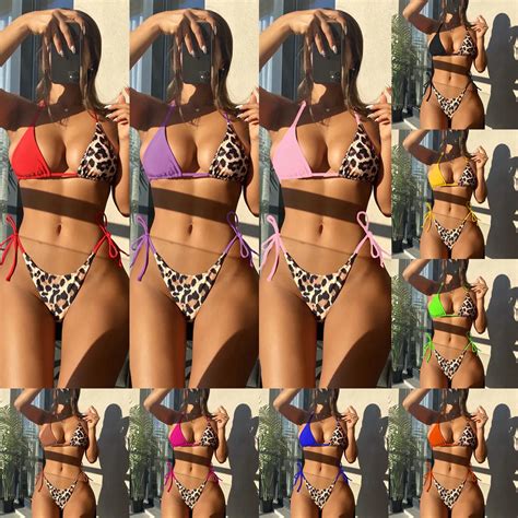Custom Bikini Set Logo Tie Up Two Piece Sexy Halter Leopard Color Block Swimwear Women S Bra